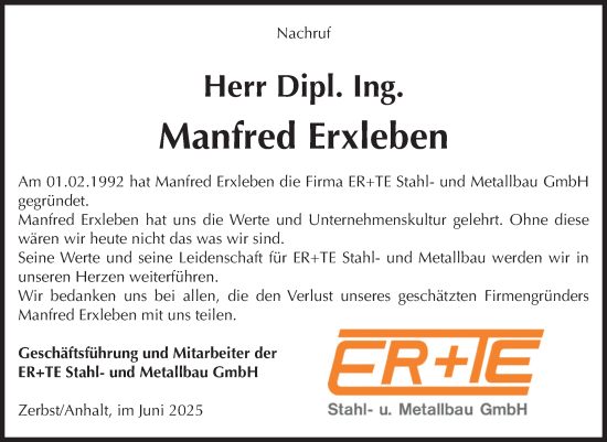 Traueranzeige von Manfred Erxleben von Volksstimme Zerbst
