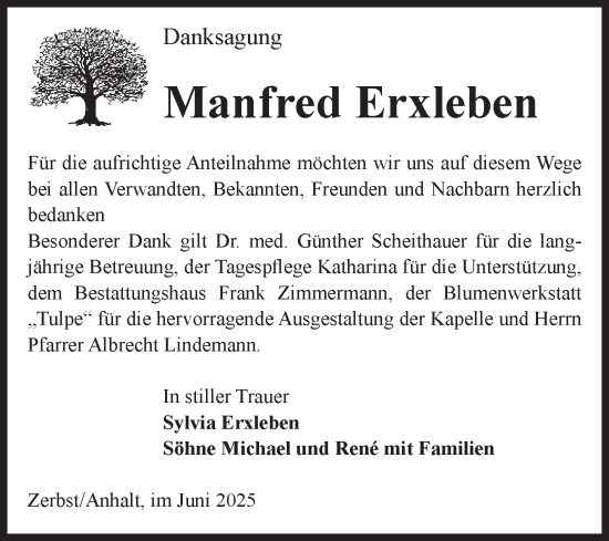 Traueranzeige von Manfred Erxleben von Volksstimme Zerbst