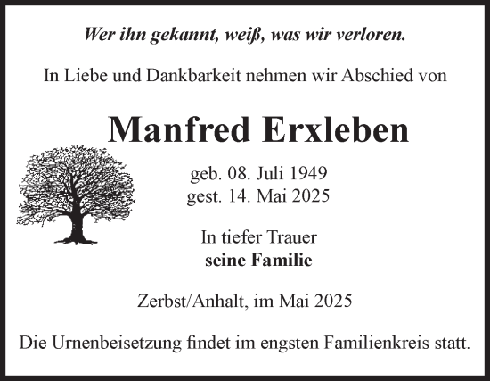 Traueranzeige von Manfred Erxleben von Volksstimme Zerbst