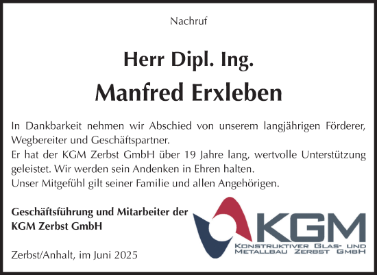 Traueranzeige von Manfred Erxleben von Volksstimme Zerbst
