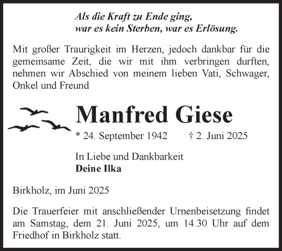 Traueranzeige von Manfred Giese von Volksstimme Altmark Ost