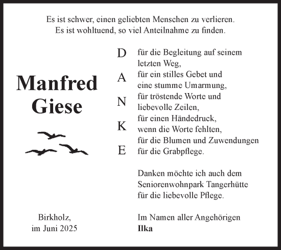 Traueranzeige von Manfred Giese von Volksstimme Altmark Ost