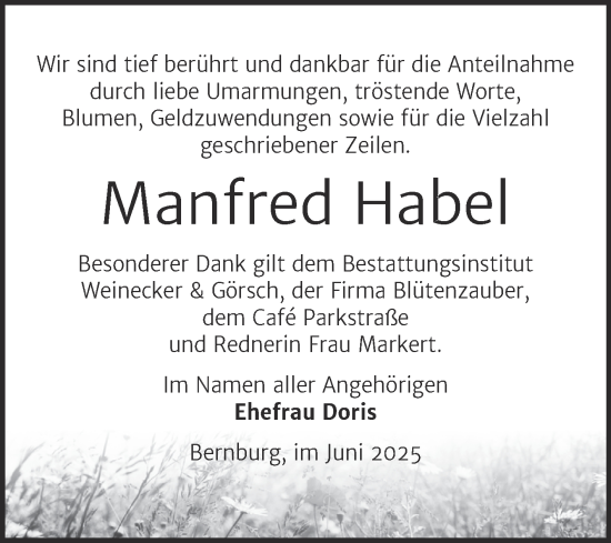 Traueranzeige von Manfred Habel von Trauerkombi Bernburg