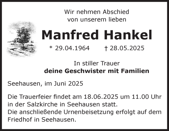 Traueranzeige von Manfred Hankel von Volksstimme Altmark Ost