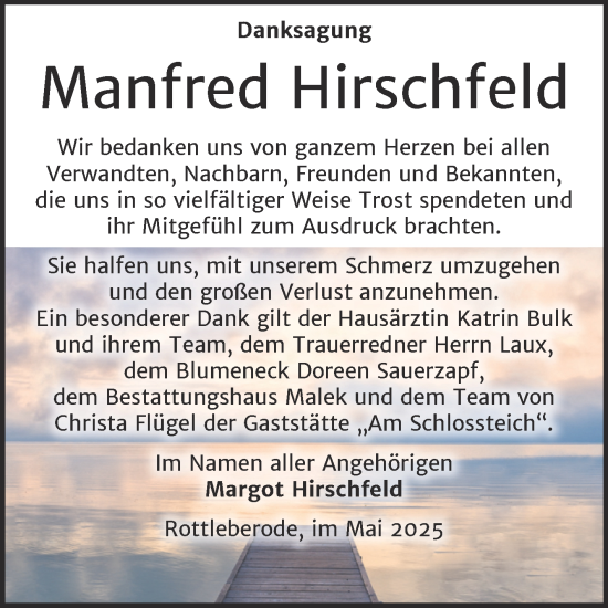 Traueranzeige von Manfred Hirschfeld von Trauerkombi Sangerhausen