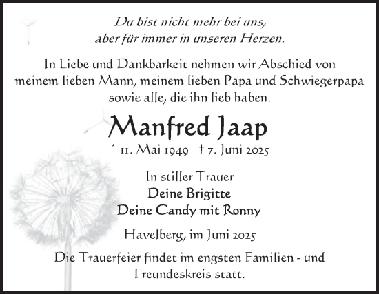 Traueranzeige von Manfred Jaap von Volksstimme Altmark Ost