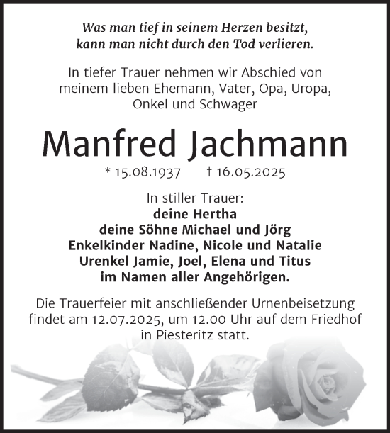 Traueranzeige von Manfred Jachmann von Trauerkombi Wittenberg