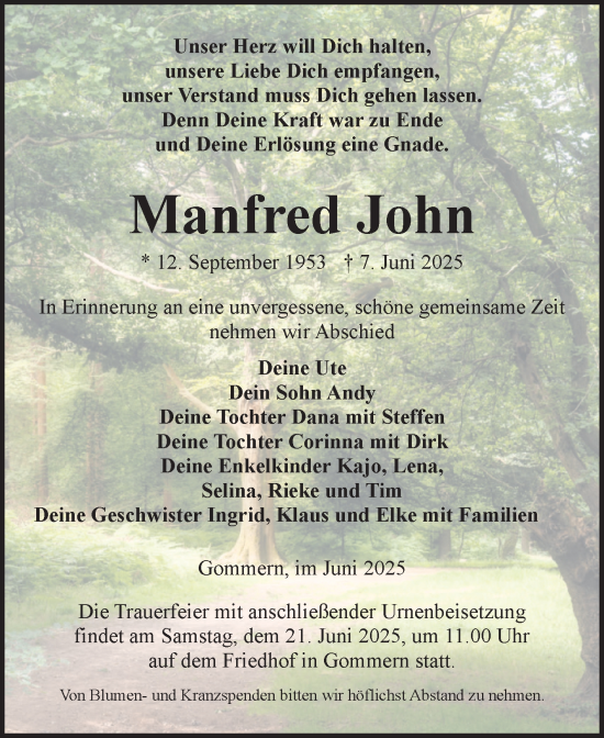 Traueranzeige von Manfred John von Volksstimme Burg/Genthin