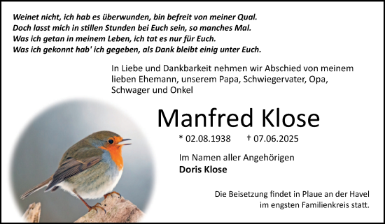 Traueranzeige von Manfred Klose von Volksstimme Magdeburg