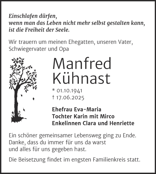 Traueranzeige von Manfred Kühnast von Trauerkombi Bernburg