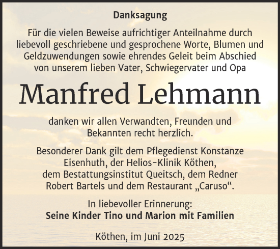 Traueranzeige von Manfred Lehmann von Trauerkombi Köthen