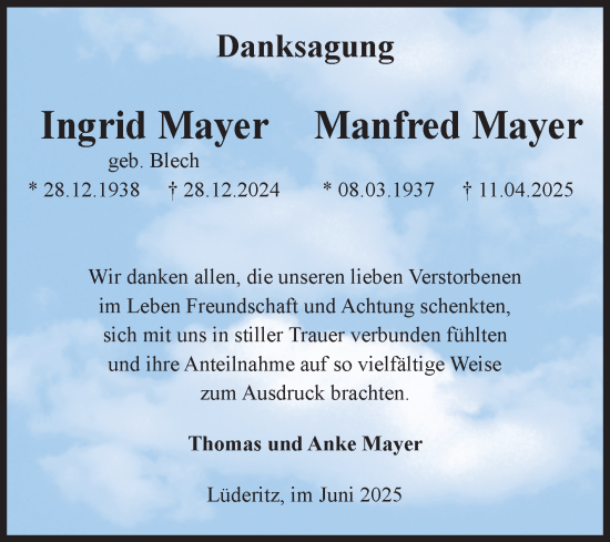 Traueranzeige von Manfred Mayer von Volksstimme Altmark Ost