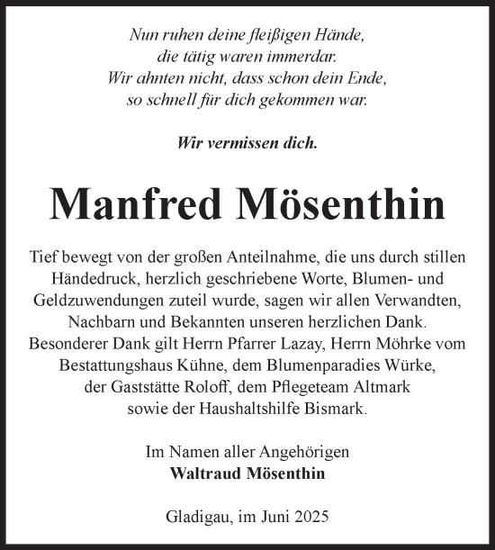 Traueranzeige von Manfred Mösenthin von Volksstimme Altmark Ost