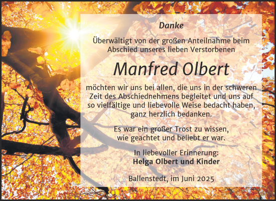 Traueranzeige von Manfred Olbert von Trauerkombi Aschersleben