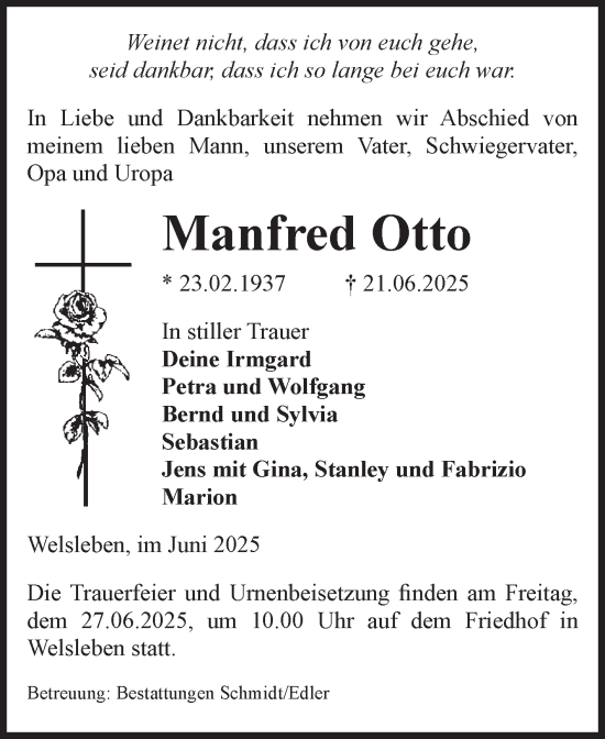 Traueranzeige von Manfred Otto von Volksstimme Schönebeck
