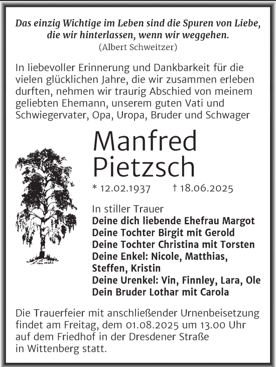Traueranzeige von Manfred Pietzsch von Trauerkombi Wittenberg