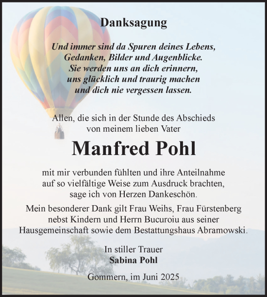 Traueranzeige von Manfred Pohl von Volksstimme Burg/Genthin
