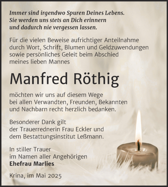 Traueranzeige von Manfred Röthig von Trauerkombi Bitterfeld