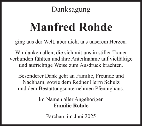 Traueranzeige von Manfred Rohde von Volksstimme Burg/Genthin