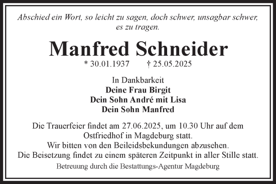 Traueranzeige von Manfred Schneider von Volksstimme Magdeburg