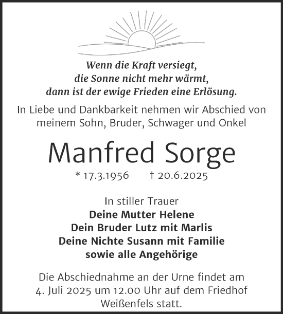 Traueranzeige von Manfred Sorge von Trauerkombi Weißenfels
