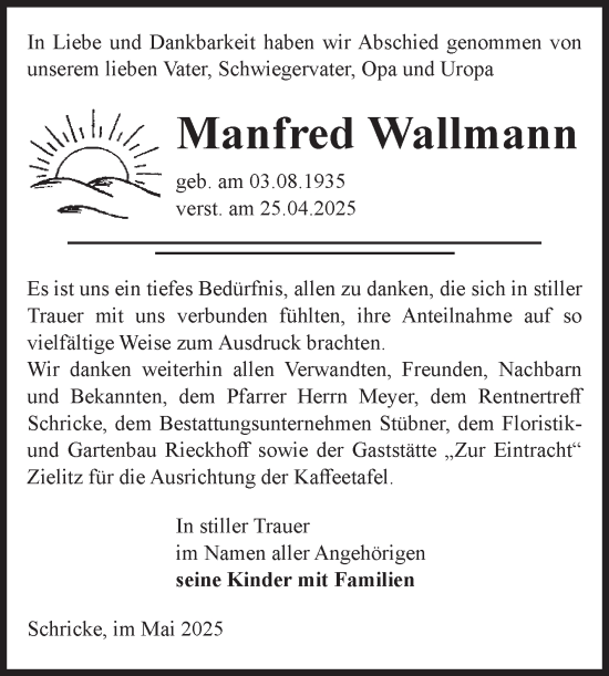 Traueranzeige von Manfred Wallmann von Volksstimme Haldensleben/Wolmirstedt