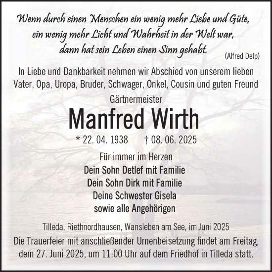 Traueranzeige von Manfred Wirth von Trauerkombi Sangerhausen