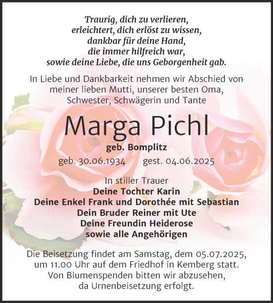 Traueranzeige von Marga Pichl von Trauerkombi Wittenberg