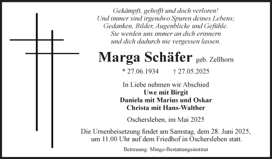 Traueranzeige von Marga Schäfer von Volksstimme Oschersleben/Wanzleben