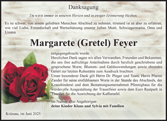Traueranzeige von Margarete Feyer von Volksstimme Burg/Genthin