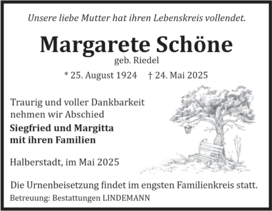 Traueranzeige von Margarete Schöne von Volksstimme Halberstadt