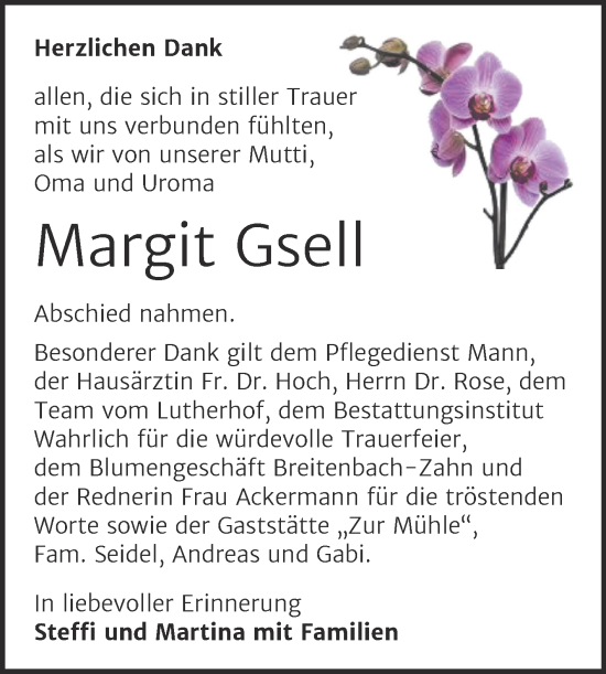 Traueranzeige von Margit Gsell von Trauerkombi Mansfelder Land