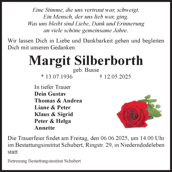 Traueranzeige von Margit Silberborth von Volksstimme Magdeburg
