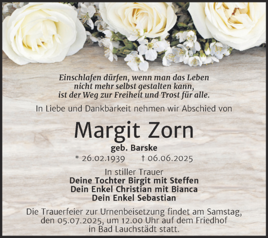 Traueranzeige von Margit Zorn von Trauerkombi Merseburg