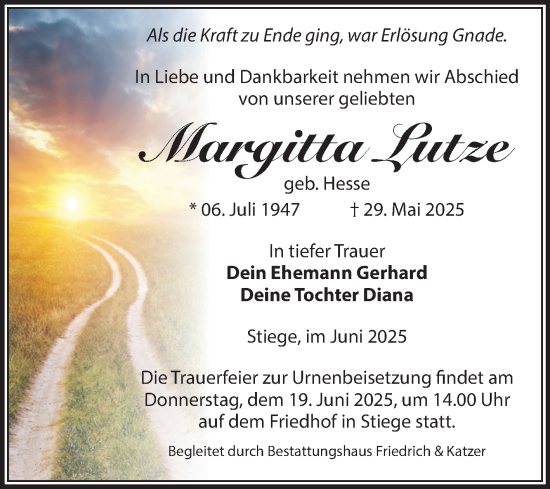 Traueranzeige von Margitta Lutze von Volksstimme Wernigerode