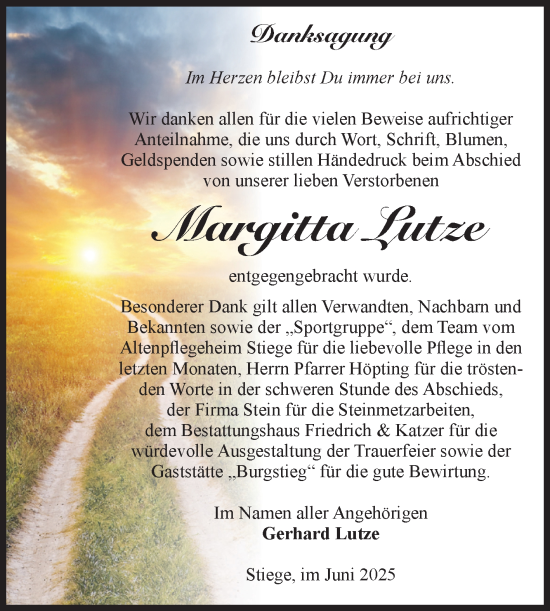 Traueranzeige von Margitta Lutze von Volksstimme Wernigerode