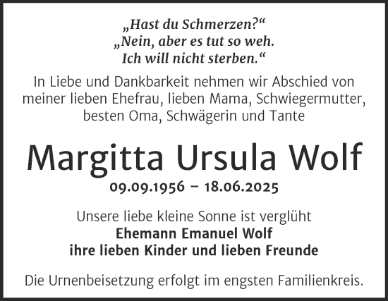 Traueranzeige von Margitta Ursula Wolf von Trauerkombi Bernburg
