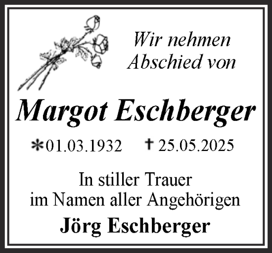Traueranzeige von Margot Eschberger von Trauerkombi Dessau