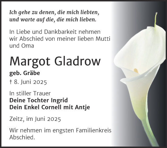 Traueranzeige von Margot Gladrow von Trauerkombi Zeitz