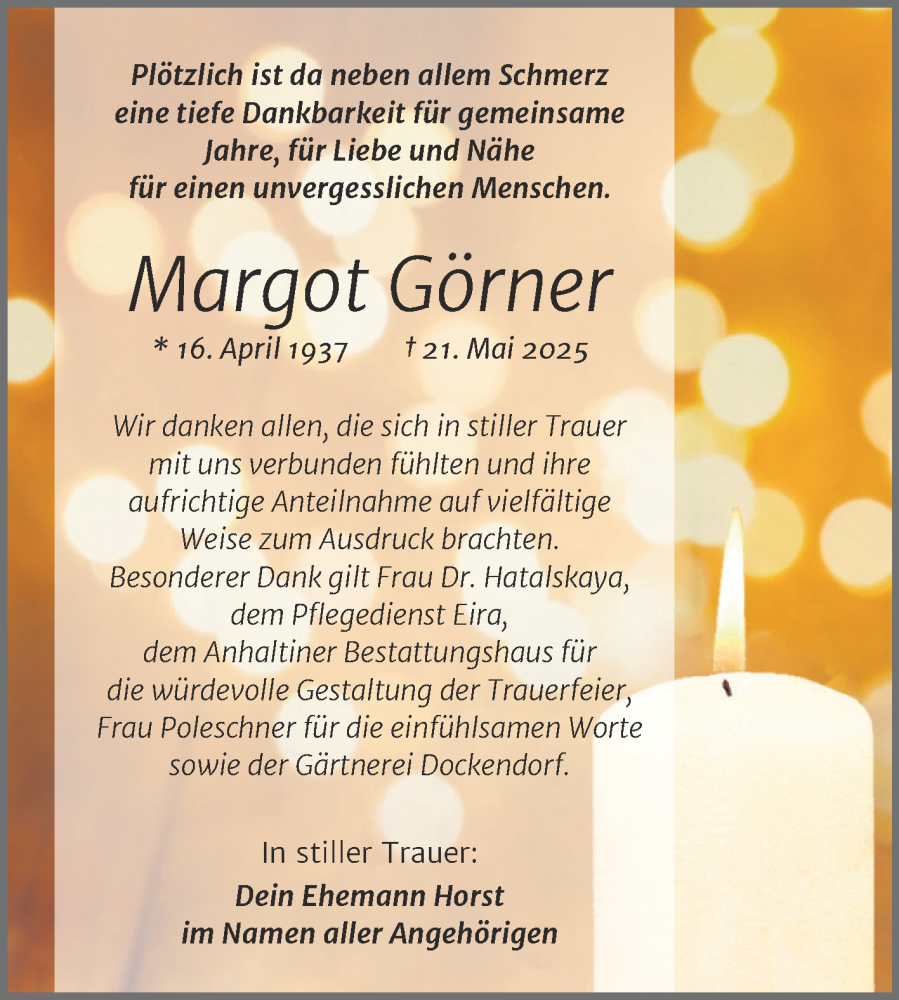  Traueranzeige für Margot Görner vom 21.06.2025 aus Trauerkombi Dessau