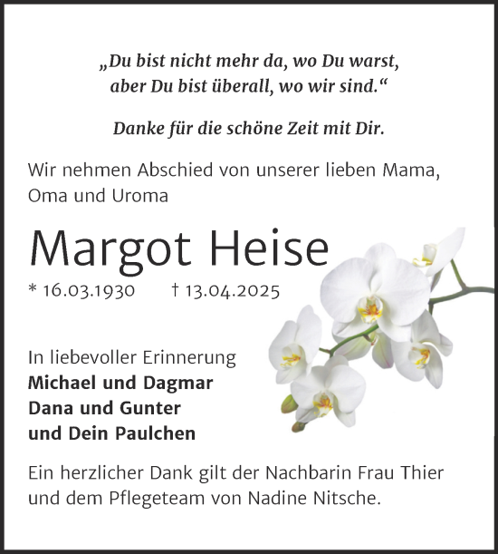 Traueranzeige von Margot Heise von Trauerkombi Merseburg