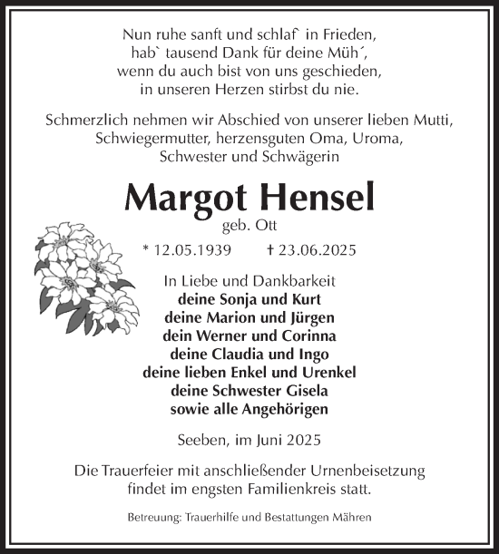 Traueranzeige von Margot Hensel von Volksstimme Altmark West