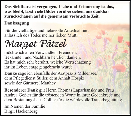 Traueranzeige von Margot Pätzel von Trauerkombi Dessau