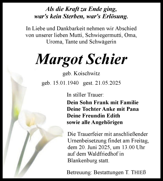 Traueranzeige von Margot Schier von Volksstimme Wernigerode