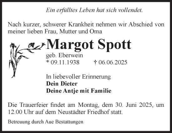 Traueranzeige von Margot Spott von Volksstimme Magdeburg