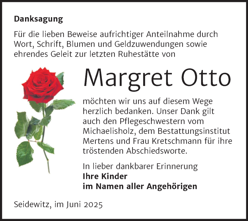 Traueranzeige für Margret Otto vom 21.06.2025 aus Super Sonntag Naumburg/Nebra