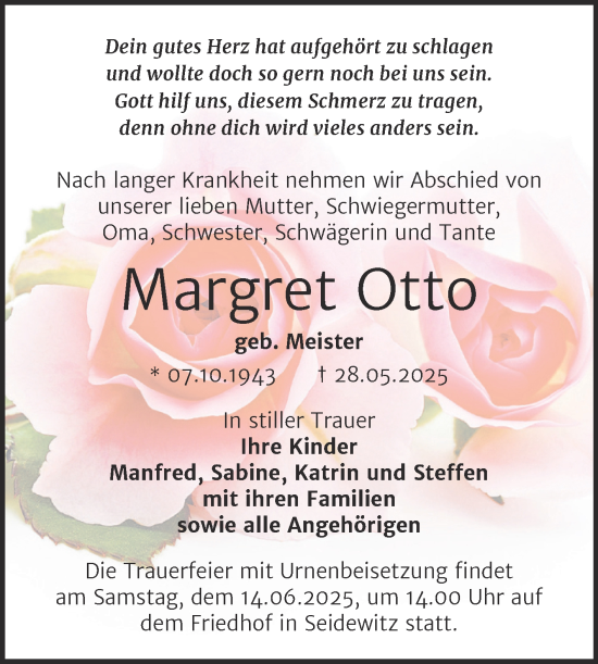 Traueranzeige von Margret Otto von Super Sonntag Naumburg/Nebra