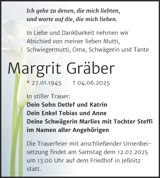 Traueranzeige von Margrit Gräber von Trauerkombi Bitterfeld