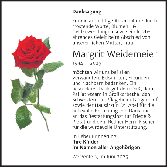 Traueranzeige von Margrit Weidemeier von Trauerkombi Weißenfels