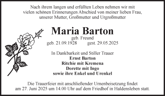 Traueranzeige von Maria Barton von Volksstimme Haldensleben/Wolmirstedt